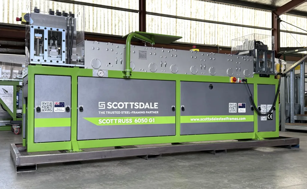 Scottruss roll forming machine - Scottsdale Construction Systems Scottruss Steel framing Roll forming Roll forming machines Steel framing business Mobile steel framing factory Cold-formed steel Cold-formed steel Roll forming Roll forming machine Swaging of cold-formed steel members Swaging Swaging of steel framing members End-swage Interior-swage Roll forming machines Energy consumption Steel framing business Roll forming process Roll forming