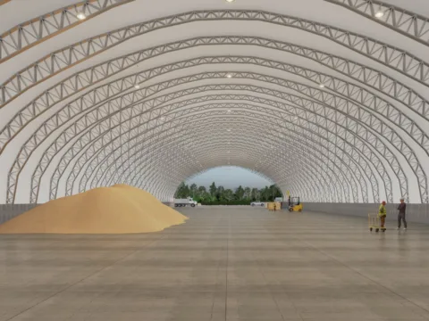 Curvilinear modular cold-formed steel commercial structure produced using Scotpanel 7090G1 advanced roll forming platform, developed and produced using Scotpanel 7090G1.