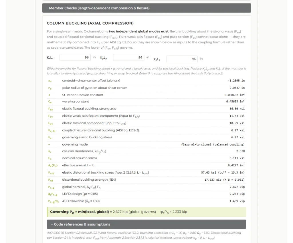 ScotCalcCFSMemberChecker5 - Scottsdale Construction Systems Screenshot of a technical table and text titled 'COLUMN BUCKLING (AXIAL COMPRESSION)' showing parameters, formulas, and values for flexural buckling analysis (KxLx, KyLy, KtLt, radii, constants, and governing equations).