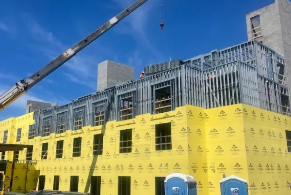 Construction site with a partially built yellow-wrapped building, a crane lowering a load, and blue portable toilets in the foreground.