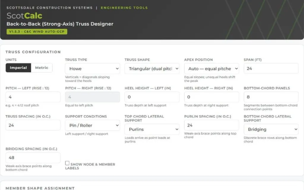 Screenshot of ScotCalc truss designer UI set to Imperial units: Howe truss, triangular dual-pitch, auto apex, span 24 ft, pitch 4 in each, 24 in spacing, bottom-chord panels 8.